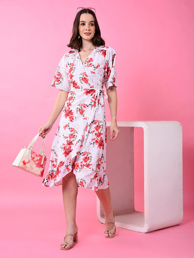 Red Floral Print V-Neck Linen Dress-Women Dress-Crimsoune Club