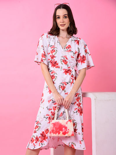 Red Floral Print V-Neck Linen Dress-Women Dress-Crimsoune Club