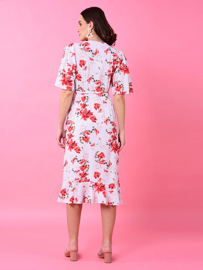 Red Floral Print V-Neck Linen Dress-Women Dress-Crimsoune Club