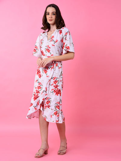 Red Floral Print V-Neck Linen Dress-Women Dress-Crimsoune Club