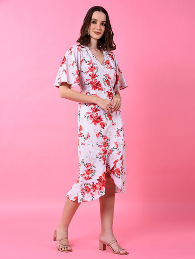 Red Floral Print V-Neck Linen Dress-Women Dress-Crimsoune Club