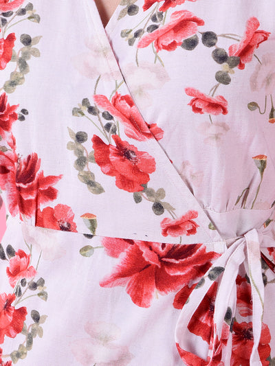 Red Floral Print V-Neck Linen Dress-Women Dress-Crimsoune Club