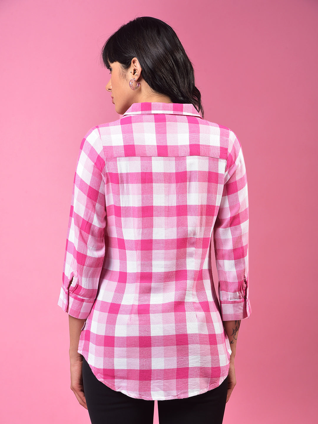 Pink Checked 3/4th Sleeves Shirt-Women Shirts-Crimsoune Club