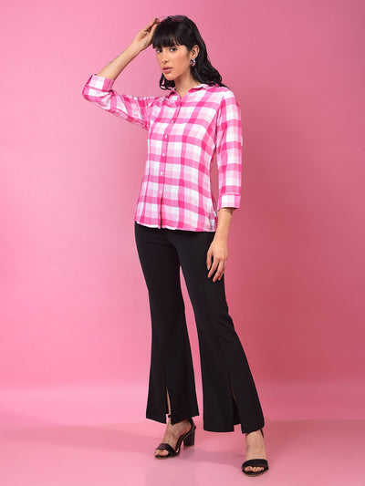 Pink Checked 3/4th Sleeves Shirt-Women Shirts-Crimsoune Club