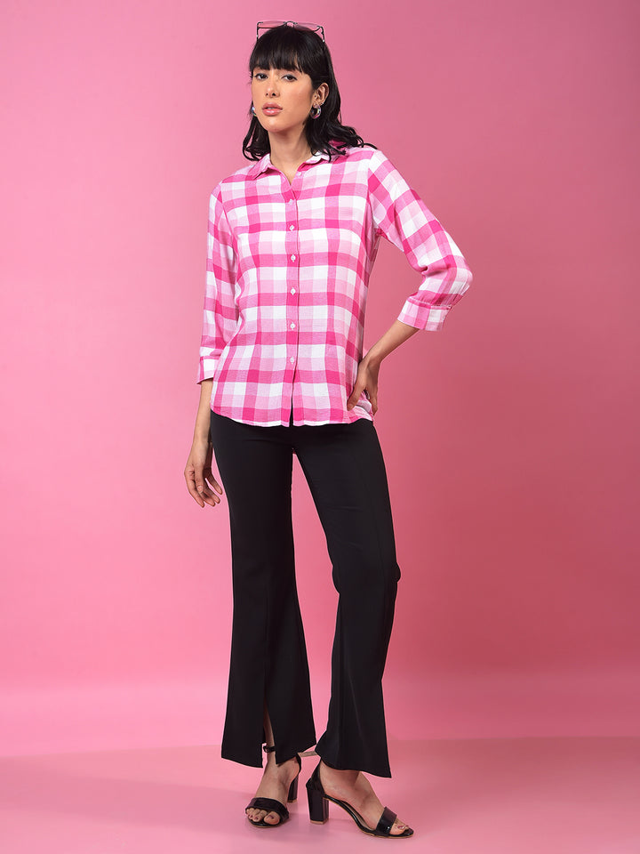 Pink Checked 3/4th Sleeves Shirt-Women Shirts-Crimsoune Club
