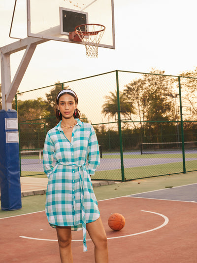 Women's Blue Checked V-Neck Shirt Dress-Women Dresses-Crimsoune Club