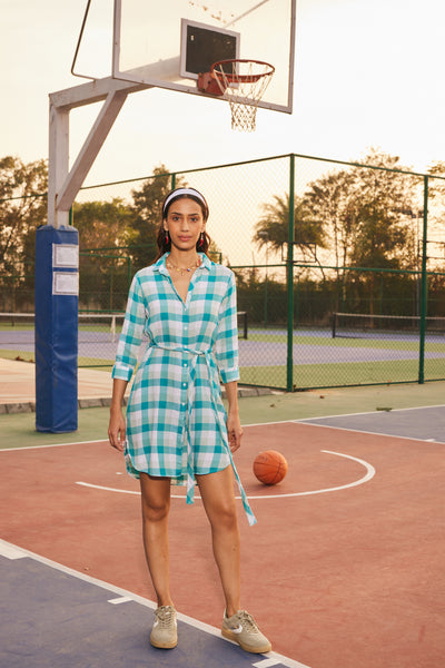 Women's Blue Checked V-Neck Shirt Dress-Women Shorts-Crimsoune Club