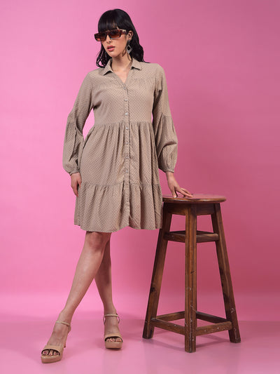 Beige Jacquard Shirt Dress-Women Dress-Crimsoune Club
