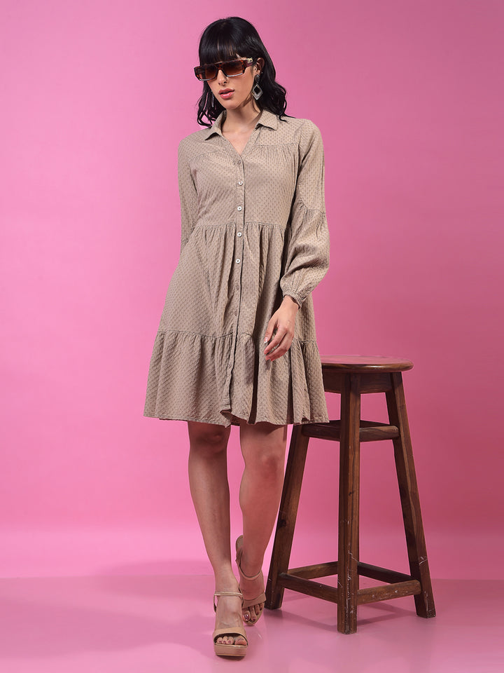 Beige Jacquard Shirt Dress-Women Dress-Crimsoune Club
