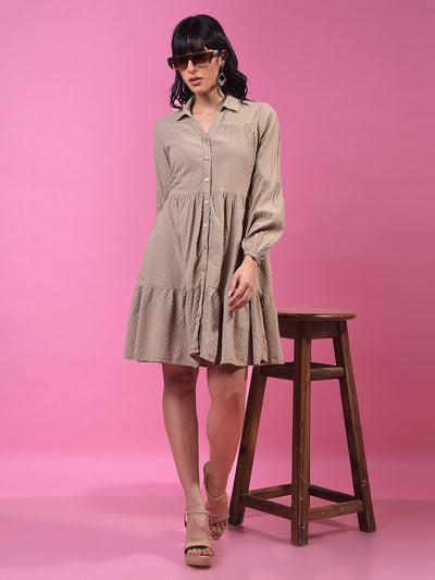 Beige Jacquard Shirt Dress-Women Dress-Crimsoune Club