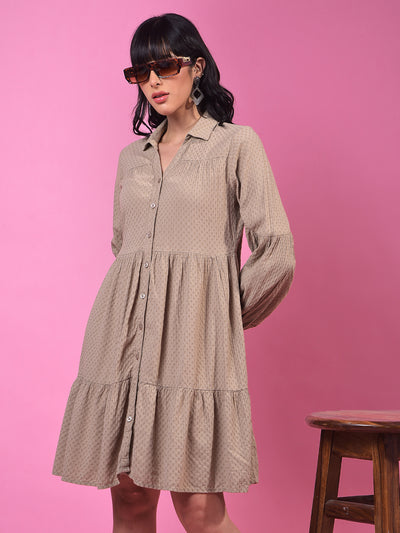 Beige Jacquard Shirt Dress-Women Dress-Crimsoune Club
