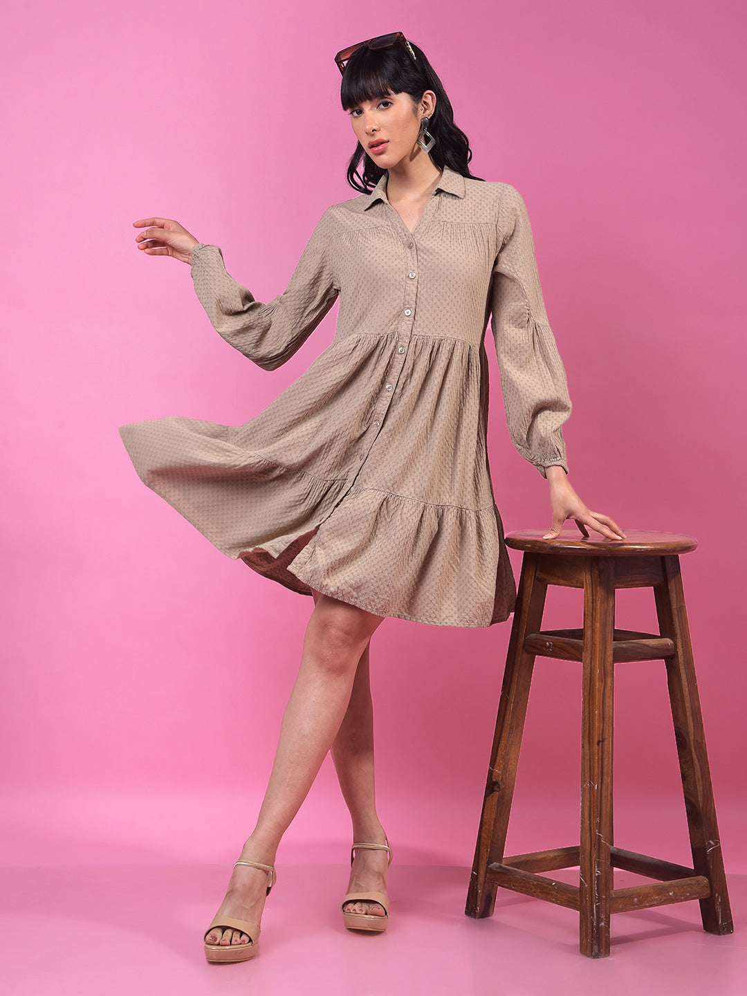 Beige Jacquard Shirt Dress-Women Dress-Crimsoune Club