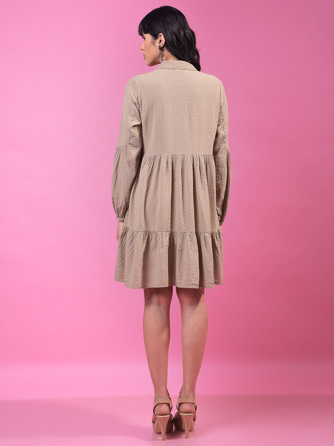 Beige Jacquard Shirt Dress-Women Dress-Crimsoune Club