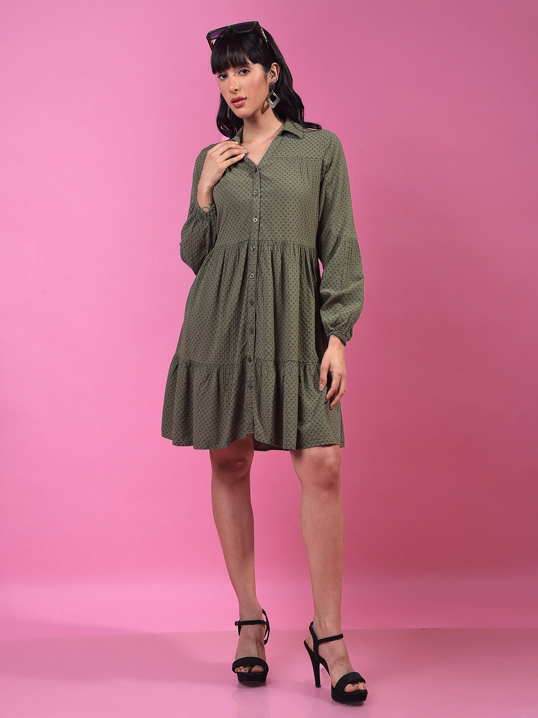 Green Jacquard Shirt Dress-Women Dress-Crimsoune Club