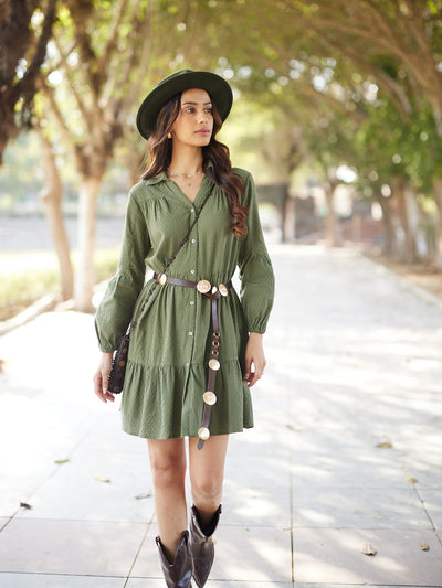 Green Jacquard Shirt Dress-Women Dress-Crimsoune Club