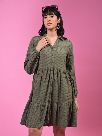 Green Jacquard Shirt Dress-Women Dress-Crimsoune Club