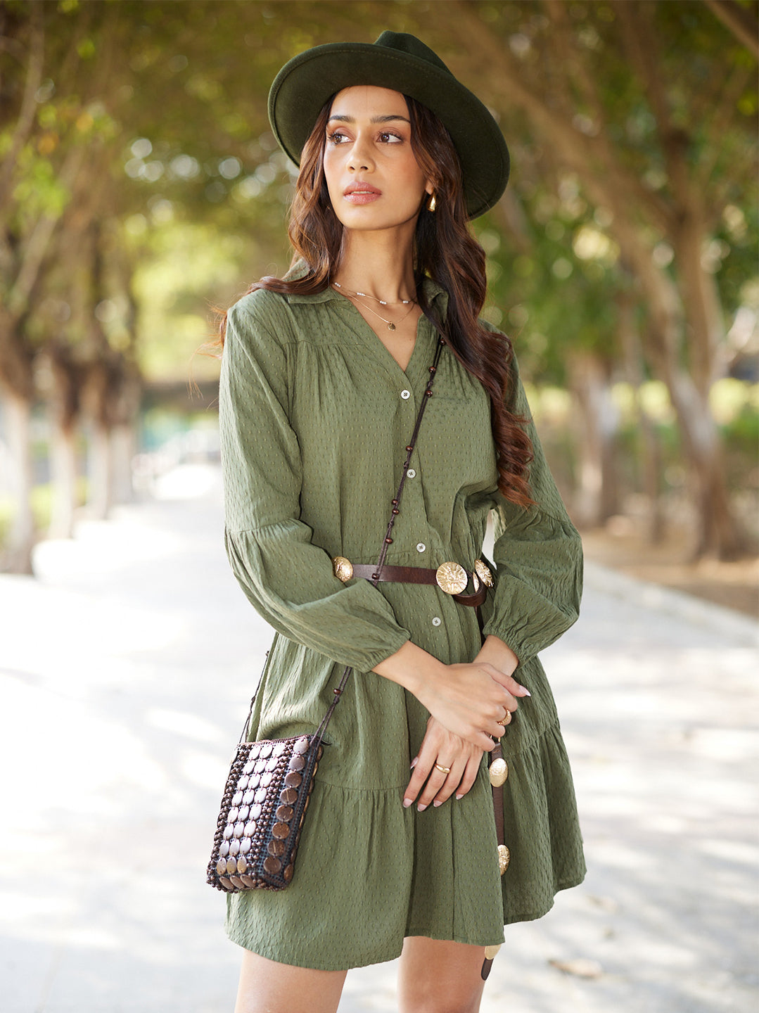 Green Jacquard Shirt Dress-Women Dress-Crimsoune Club