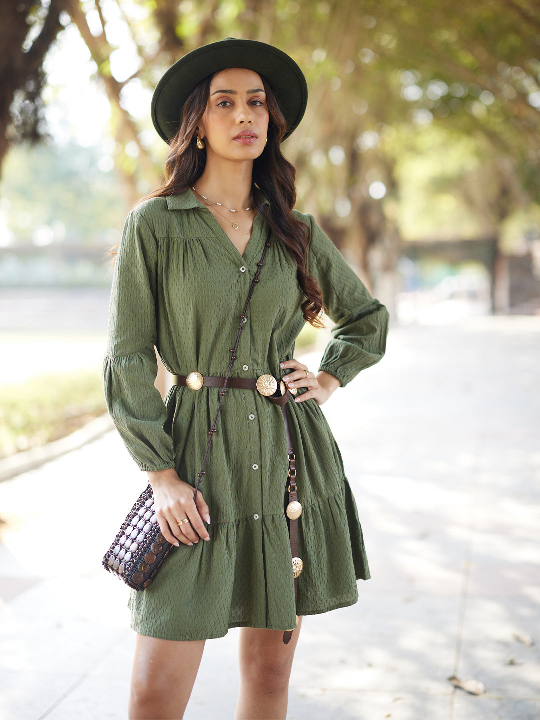 Green Jacquard Shirt Dress-Women Dress-Crimsoune Club