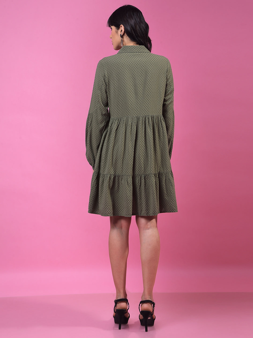 Green Jacquard Shirt Dress-Women Dress-Crimsoune Club