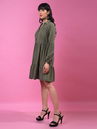Green Jacquard Shirt Dress-Women Dress-Crimsoune Club