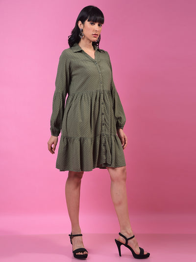 Green Jacquard Shirt Dress-Women Dress-Crimsoune Club
