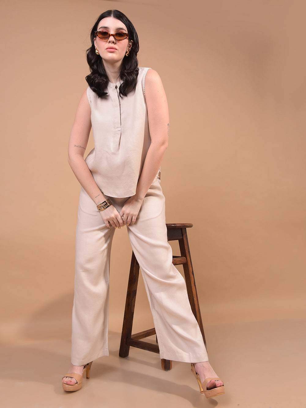 Beige Sleeveless Top-Women Tops-Crimsoune Club