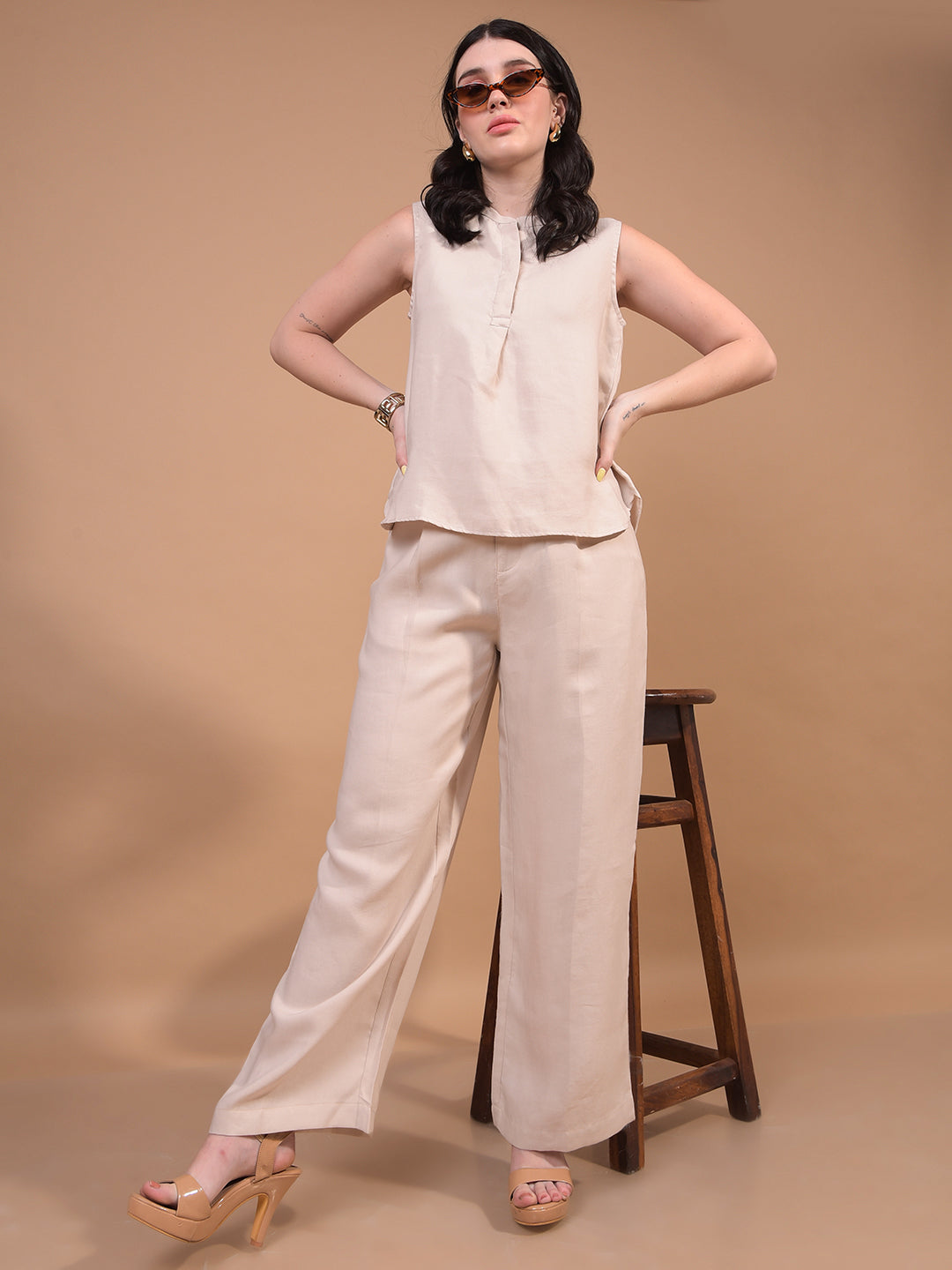 Beige Sleeveless Top-Women Tops-Crimsoune Club