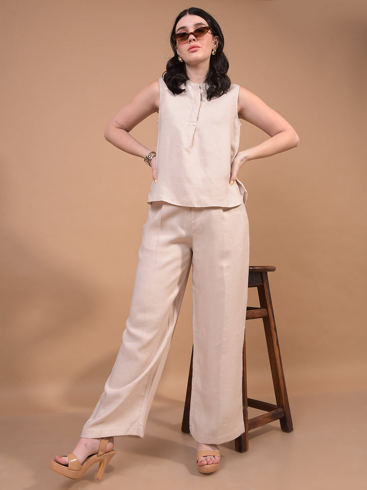 Beige Sleeveless Top-Women Tops-Crimsoune Club