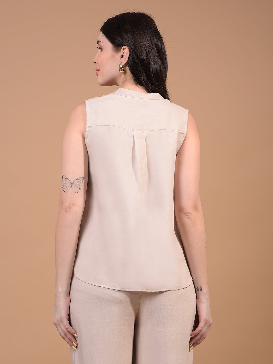 Beige Sleeveless Top-Women Tops-Crimsoune Club