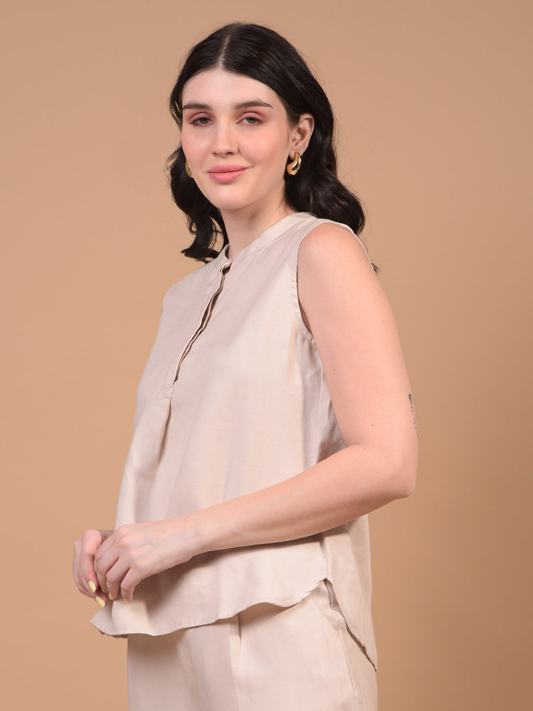 Beige Sleeveless Top-Women Tops-Crimsoune Club