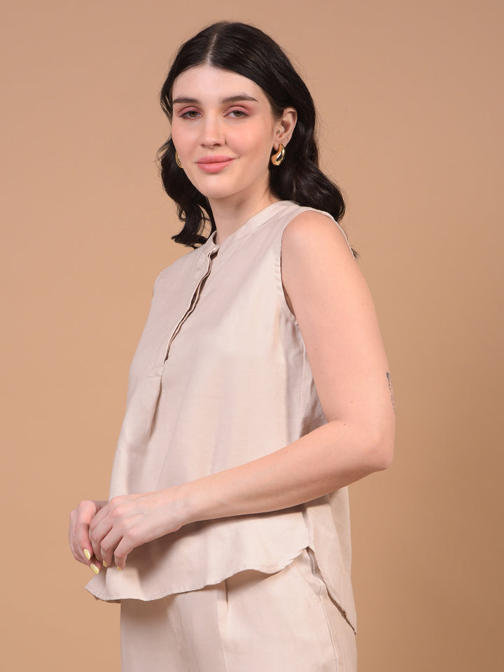 Beige Sleeveless Top-Women Tops-Crimsoune Club