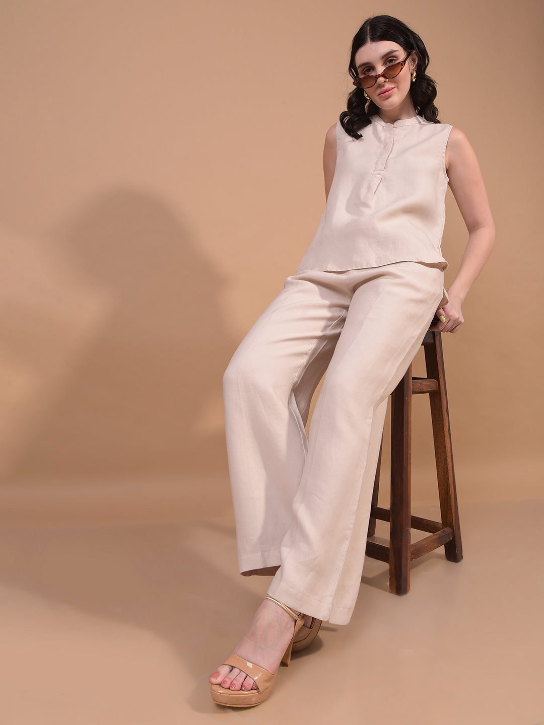 Beige Wide Leg Trousers-Women Trousers-Crimsoune Club