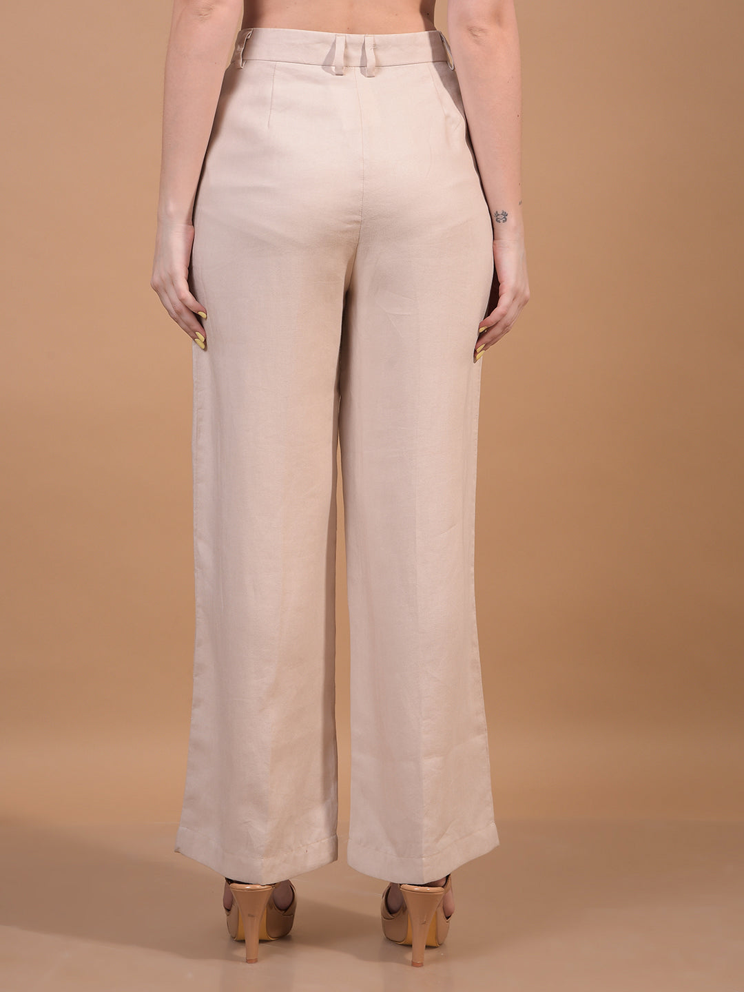 Beige Wide Leg Trousers-Women Trousers-Crimsoune Club