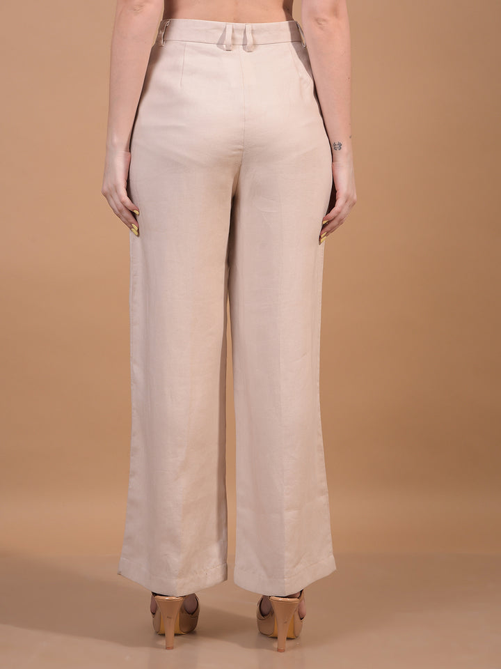 Beige Wide Leg Trousers-Women Trousers-Crimsoune Club