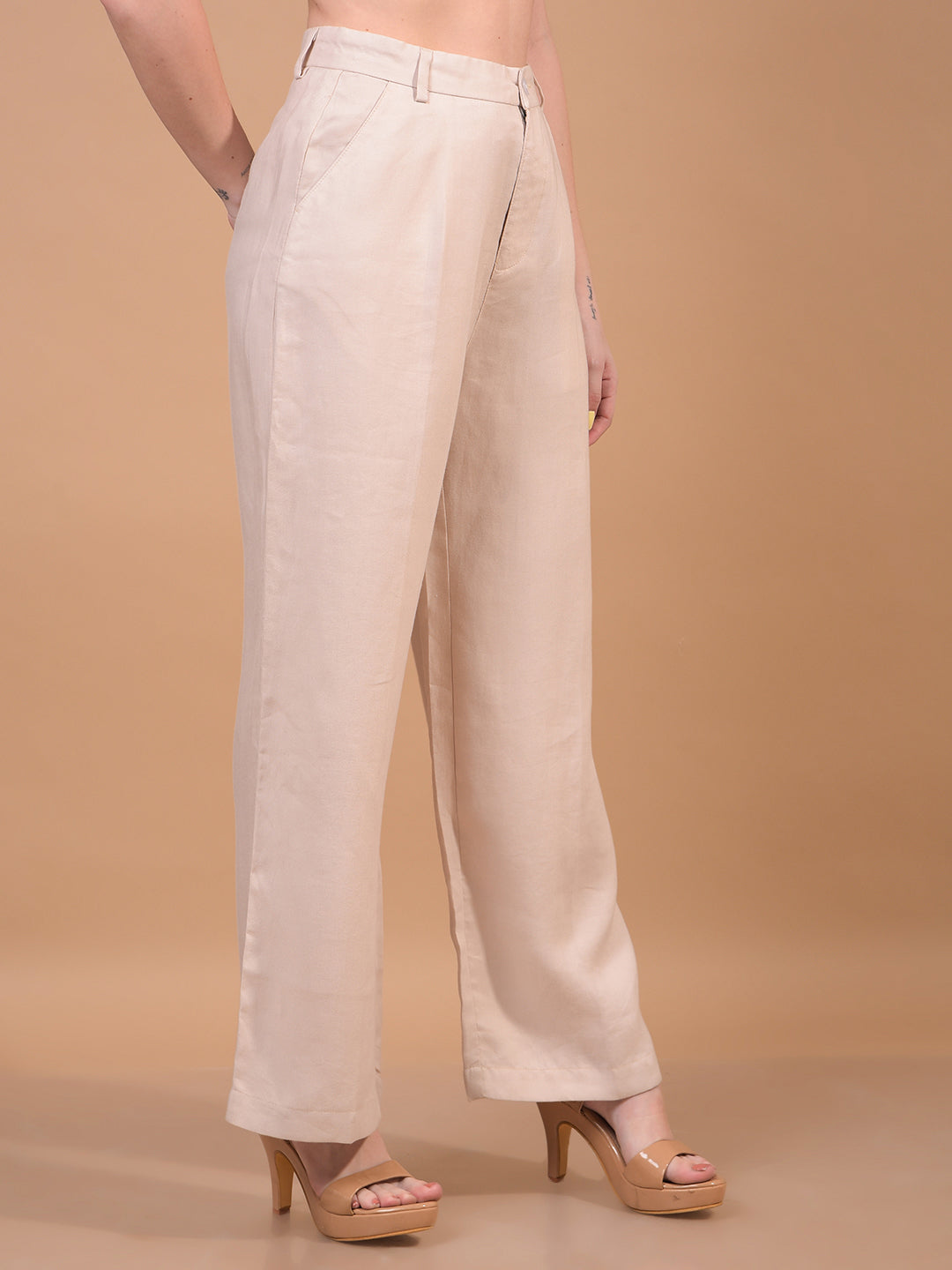 Beige Wide Leg Trousers-Women Trousers-Crimsoune Club