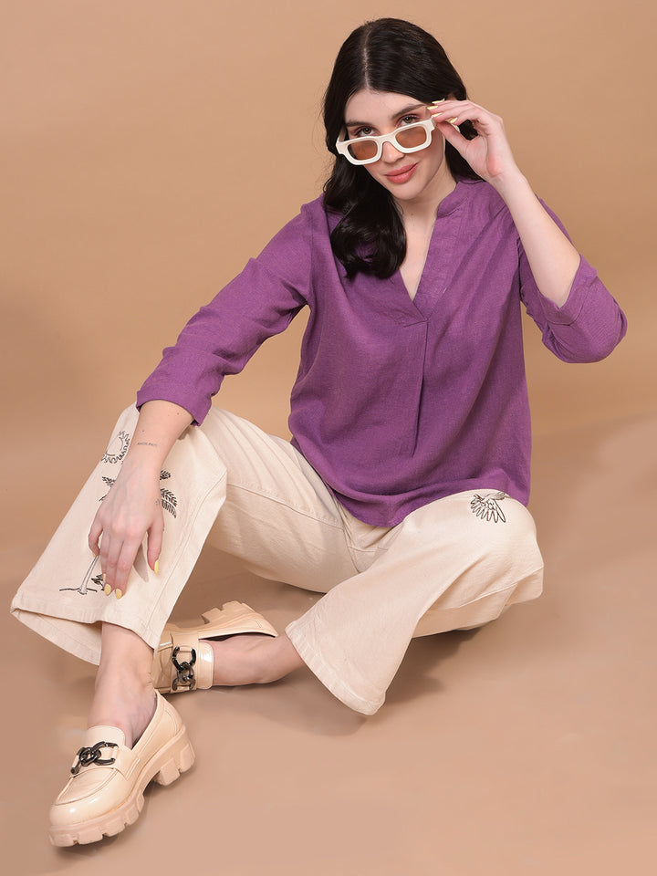 Women's Purple V-Neck Linen Top-Women Tops-Crimsoune Club