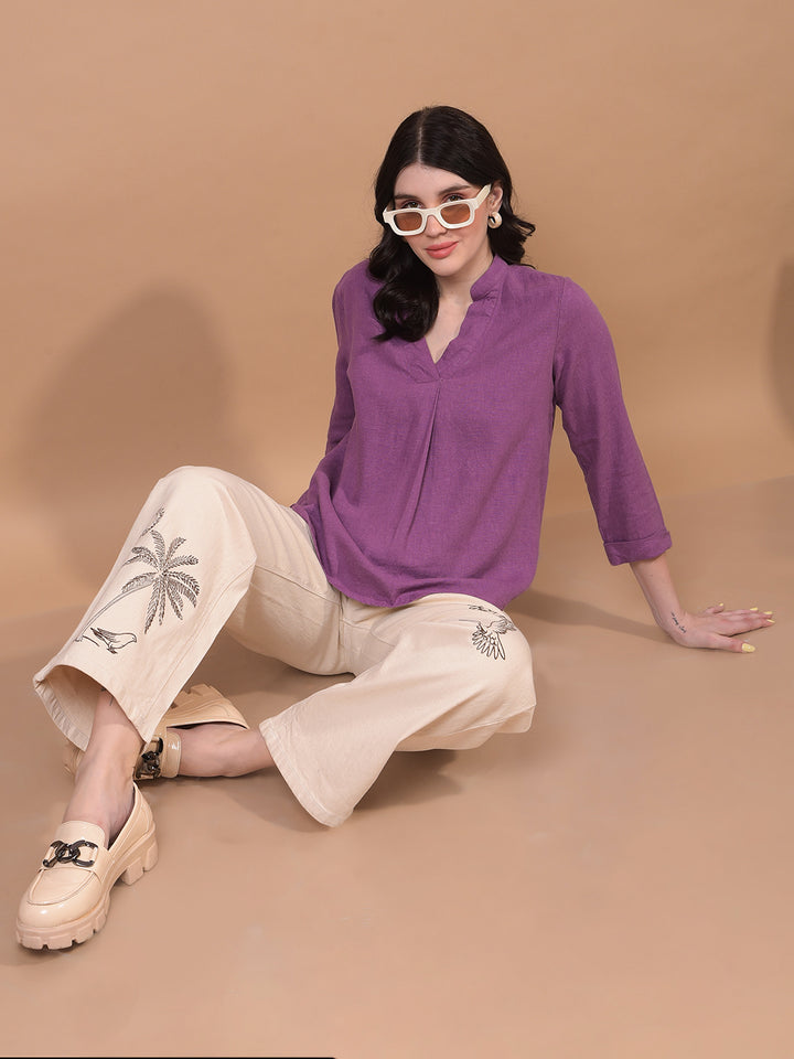 Women's Purple V-Neck Linen Top-Women Tops-Crimsoune Club