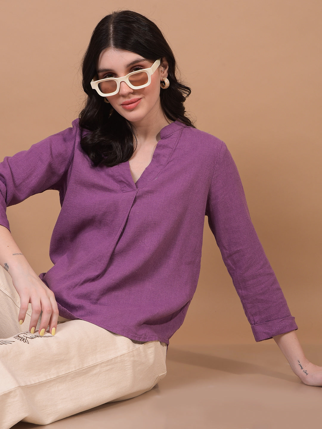 Women's Purple V-Neck Linen Top-Women Tops-Crimsoune Club