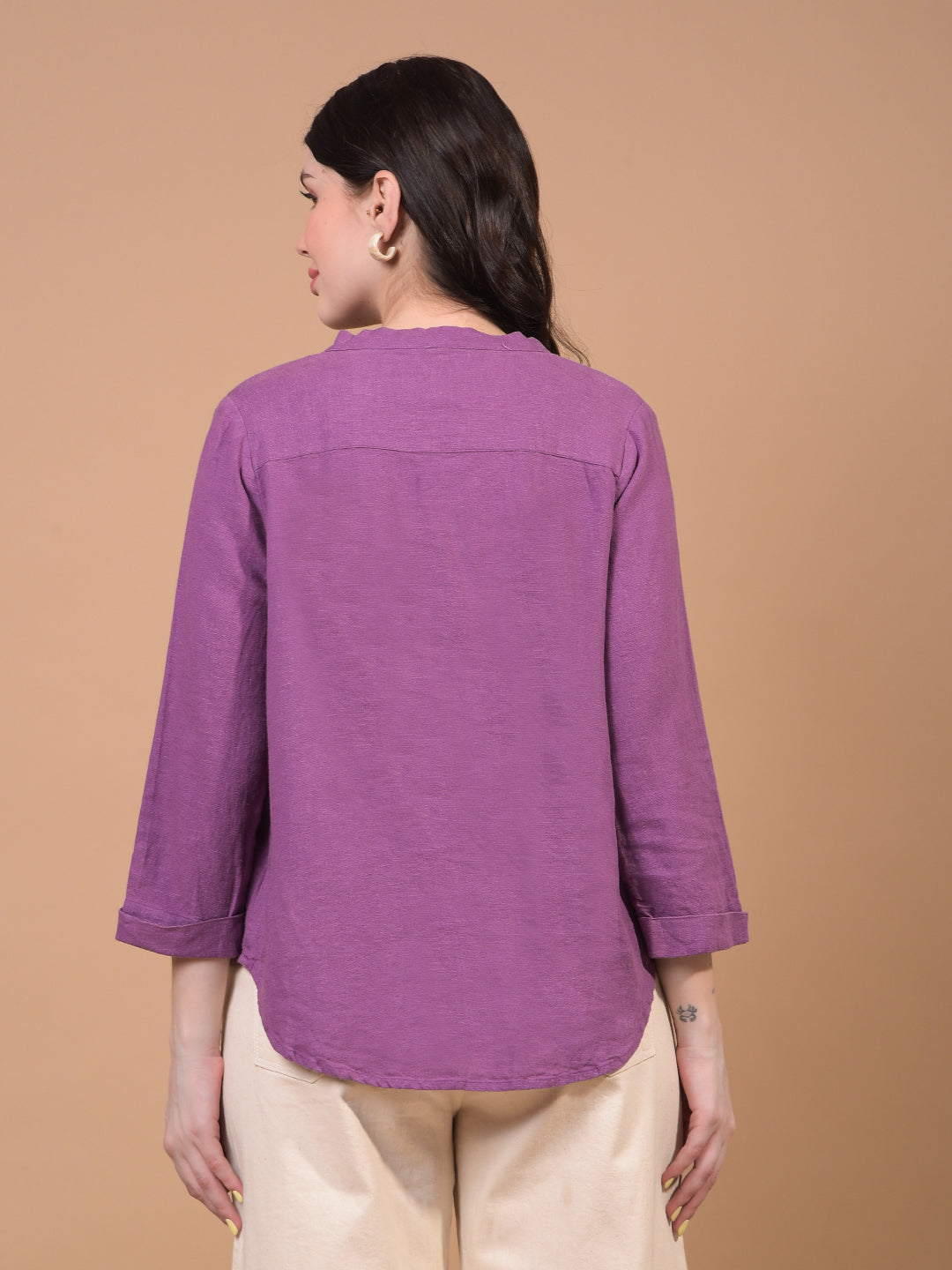 Women's Purple V-Neck Linen Top-Women Tops-Crimsoune Club
