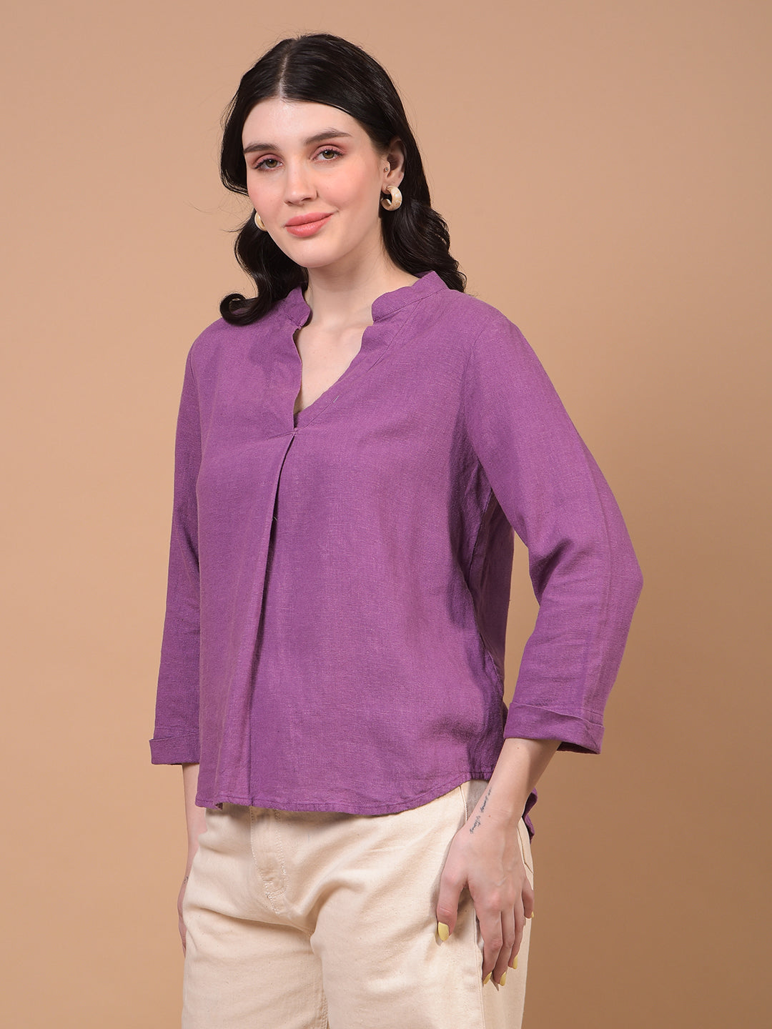Women's Purple V-Neck Linen Top-Women Tops-Crimsoune Club