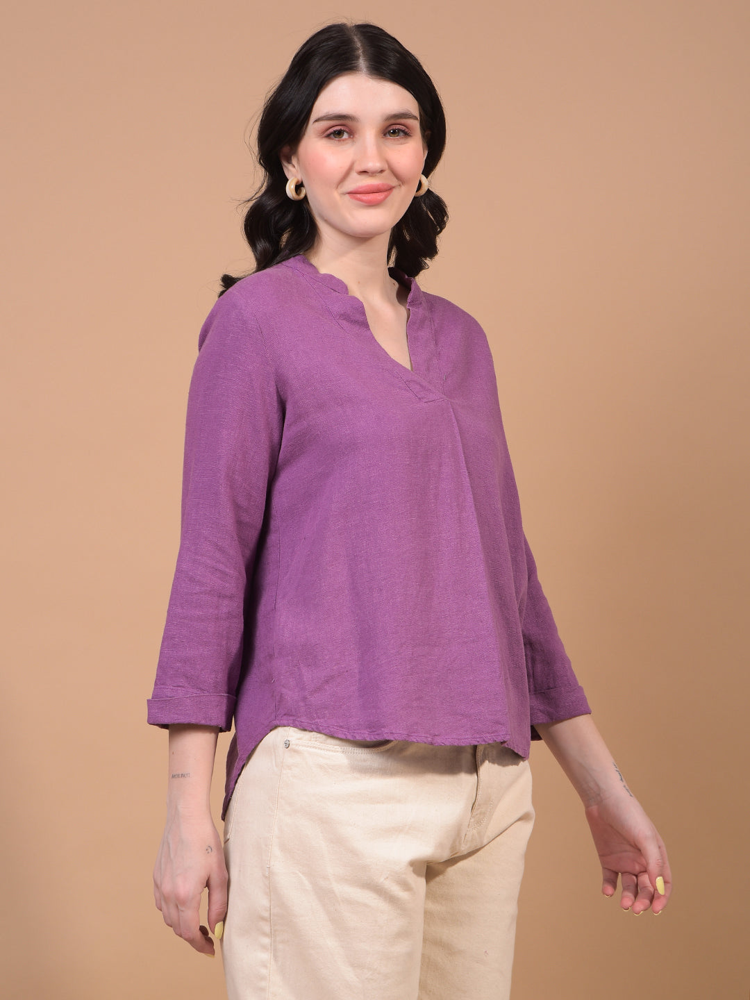 Women's Purple V-Neck Linen Top-Women Tops-Crimsoune Club