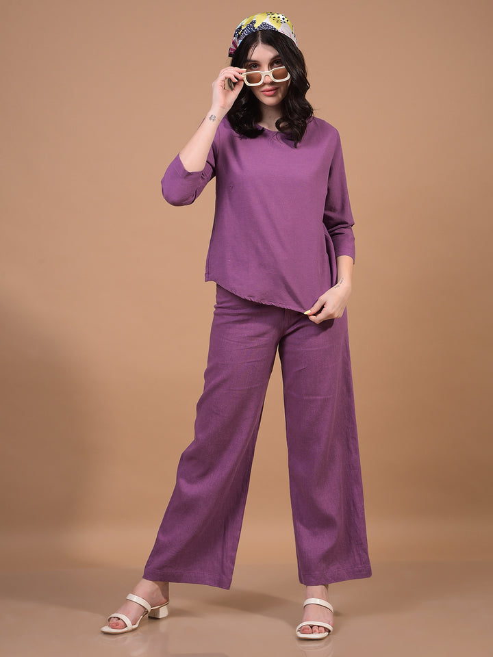 Women's Purple Wide-Leg Linen Trousers-Women Trousers-Crimsoune Club