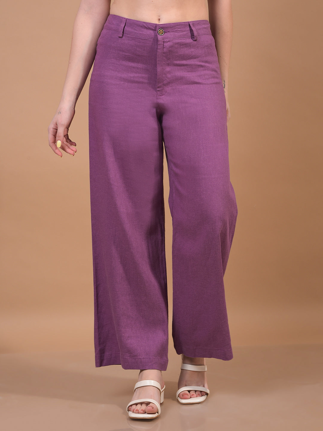 Women's Purple Wide-Leg Linen Trousers-Women Trousers-Crimsoune Club