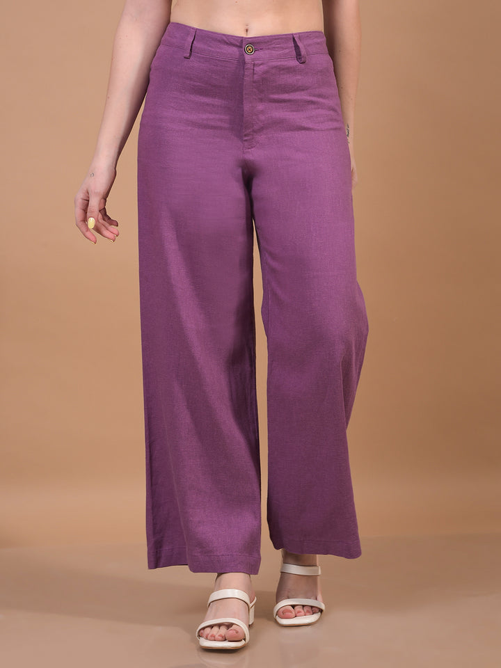 Women's Purple Wide-Leg Linen Trousers-Women Trousers-Crimsoune Club