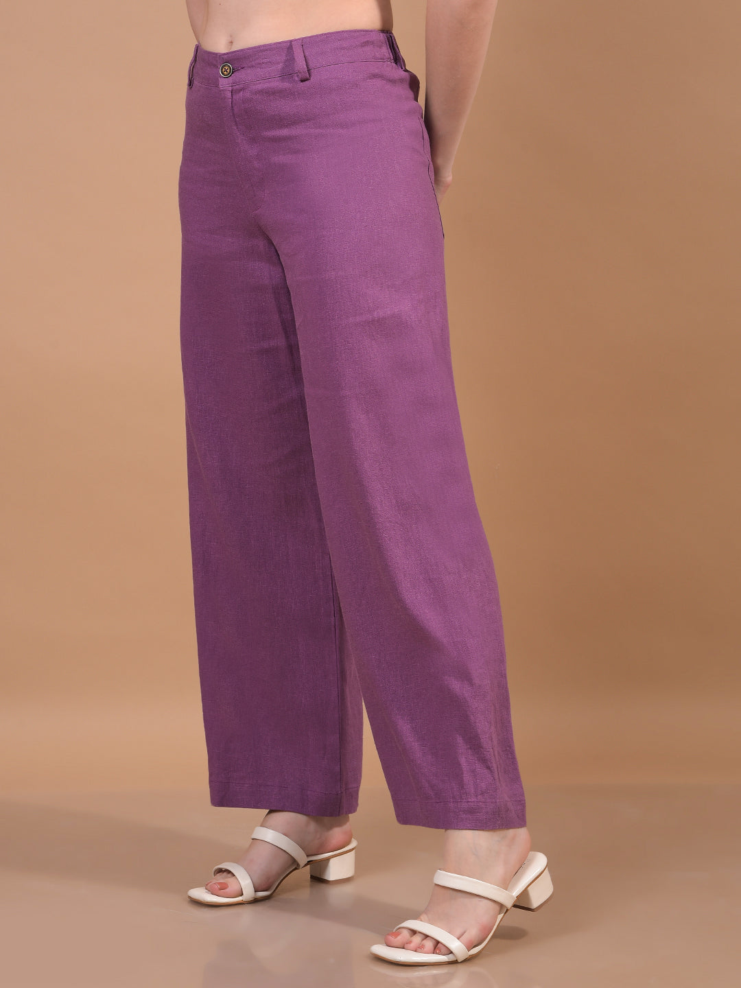 Women's Purple Wide-Leg Linen Trousers-Women Trousers-Crimsoune Club