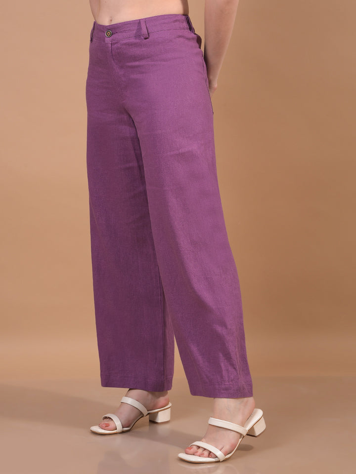 Women's Purple Wide-Leg Linen Trousers-Women Trousers-Crimsoune Club