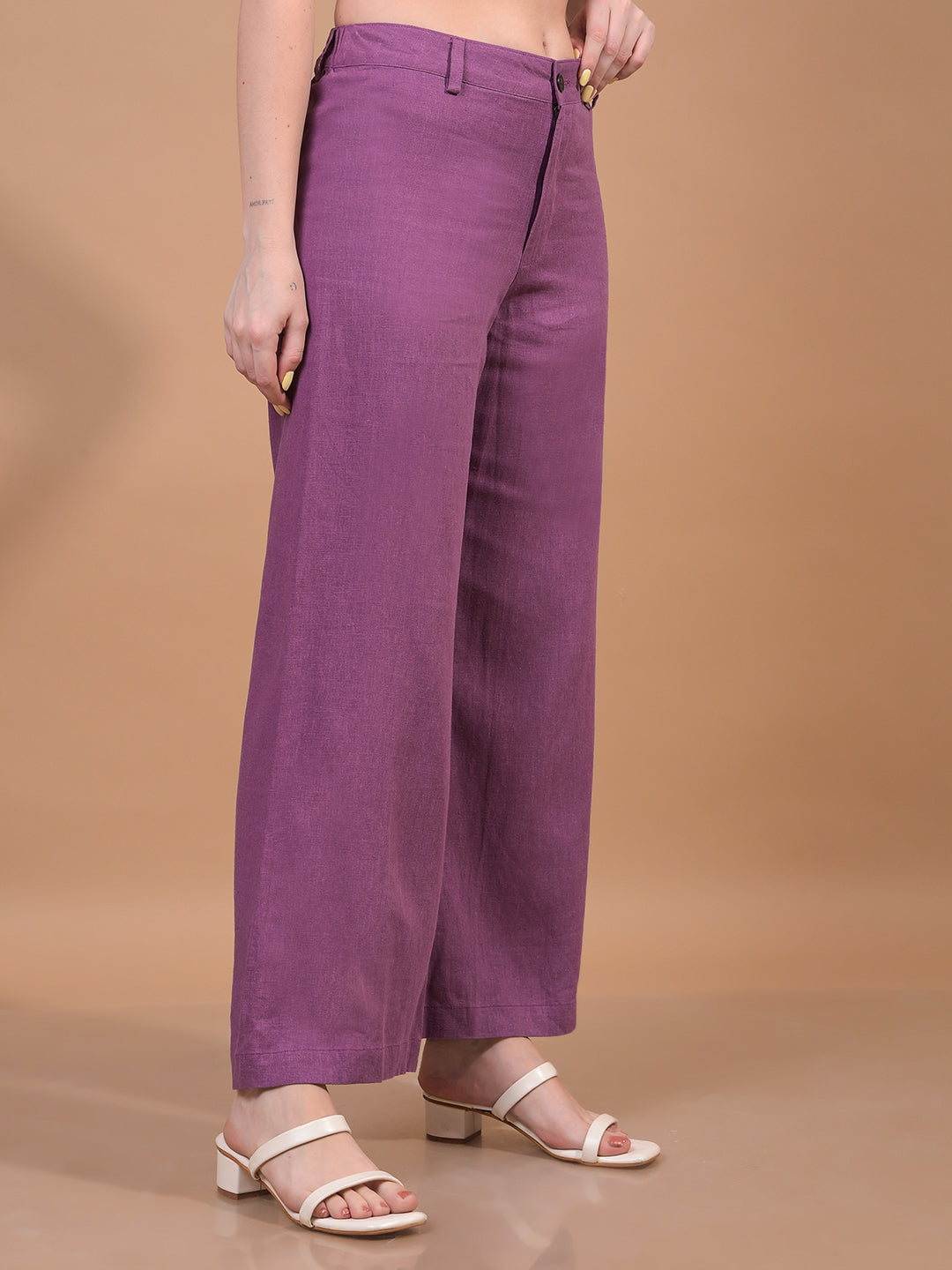 Women's Purple Wide-Leg Linen Trousers-Women Trousers-Crimsoune Club