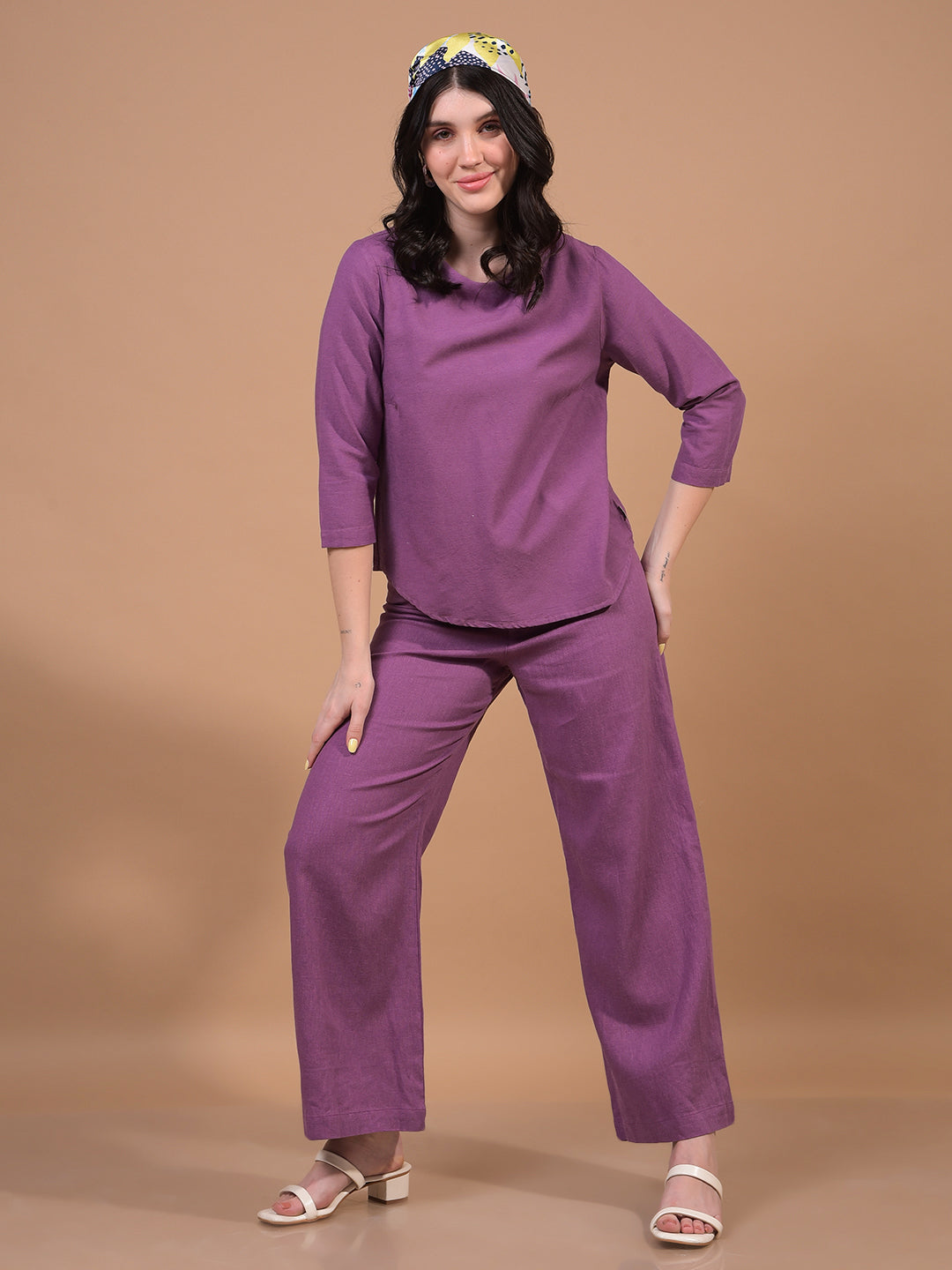 Women's Purple Wide-Leg Linen Trousers-Women Trousers-Crimsoune Club