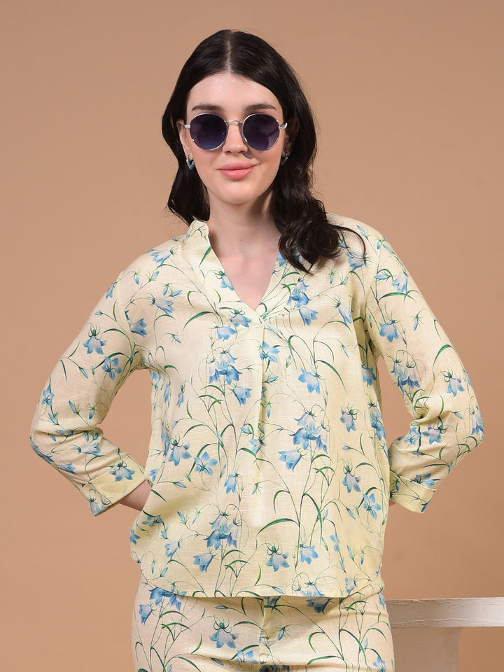 Women's Green Floral Print V-Neck Linen Top-Women Tops-Crimsoune Club