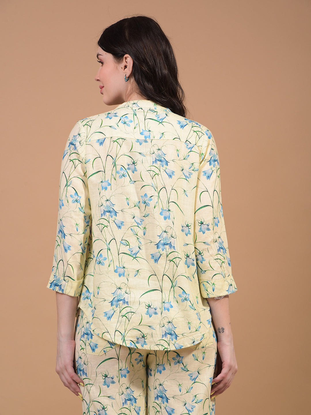 Women's Green Floral Print V-Neck Linen Top-Women Tops-Crimsoune Club